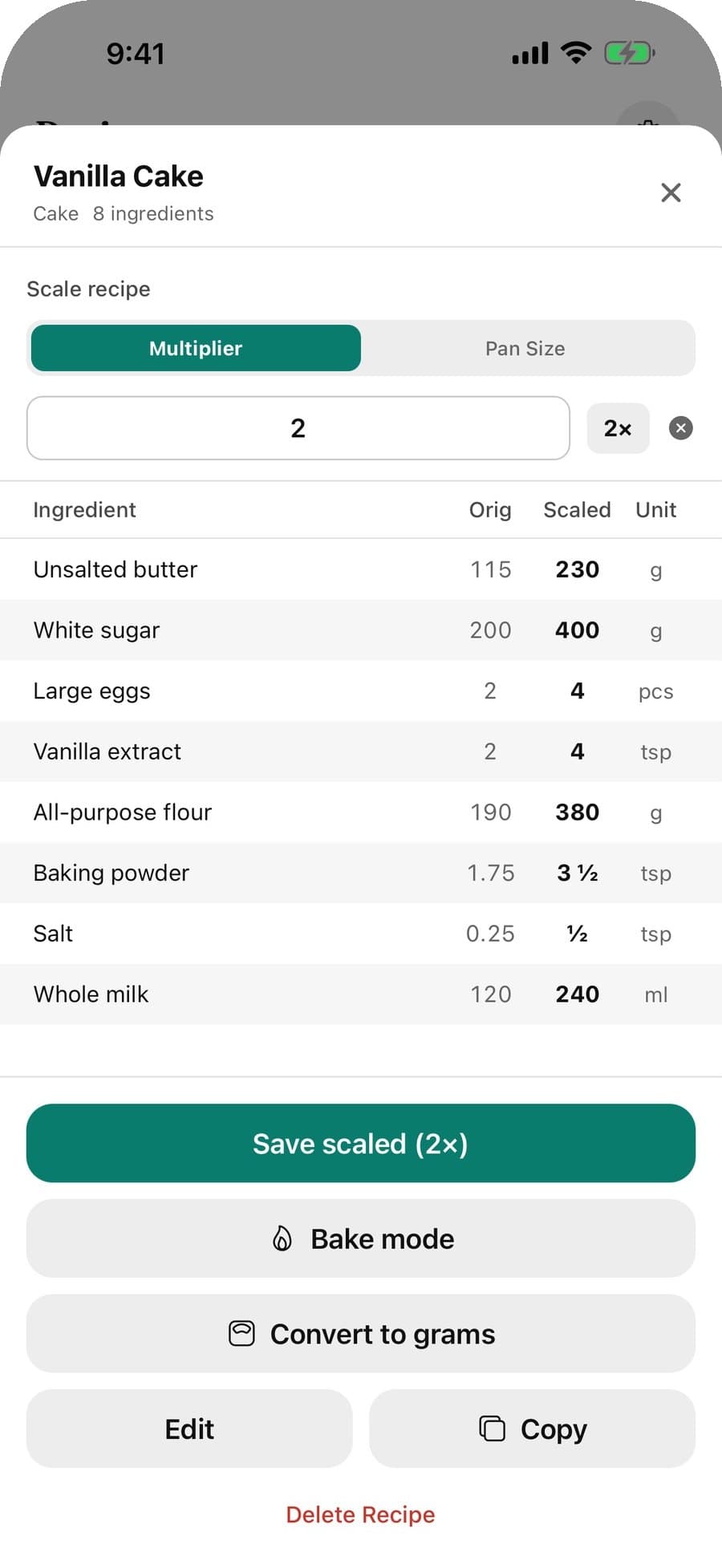 Vanilla Cake scaled 2× with original and scaled amounts side by side